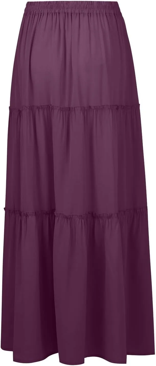 midelxp Pleated Long Skirts for Women Summer Casual Elastic High Waisted Skirts A-Line Flowy Swing Maxi Skirt with Pockets