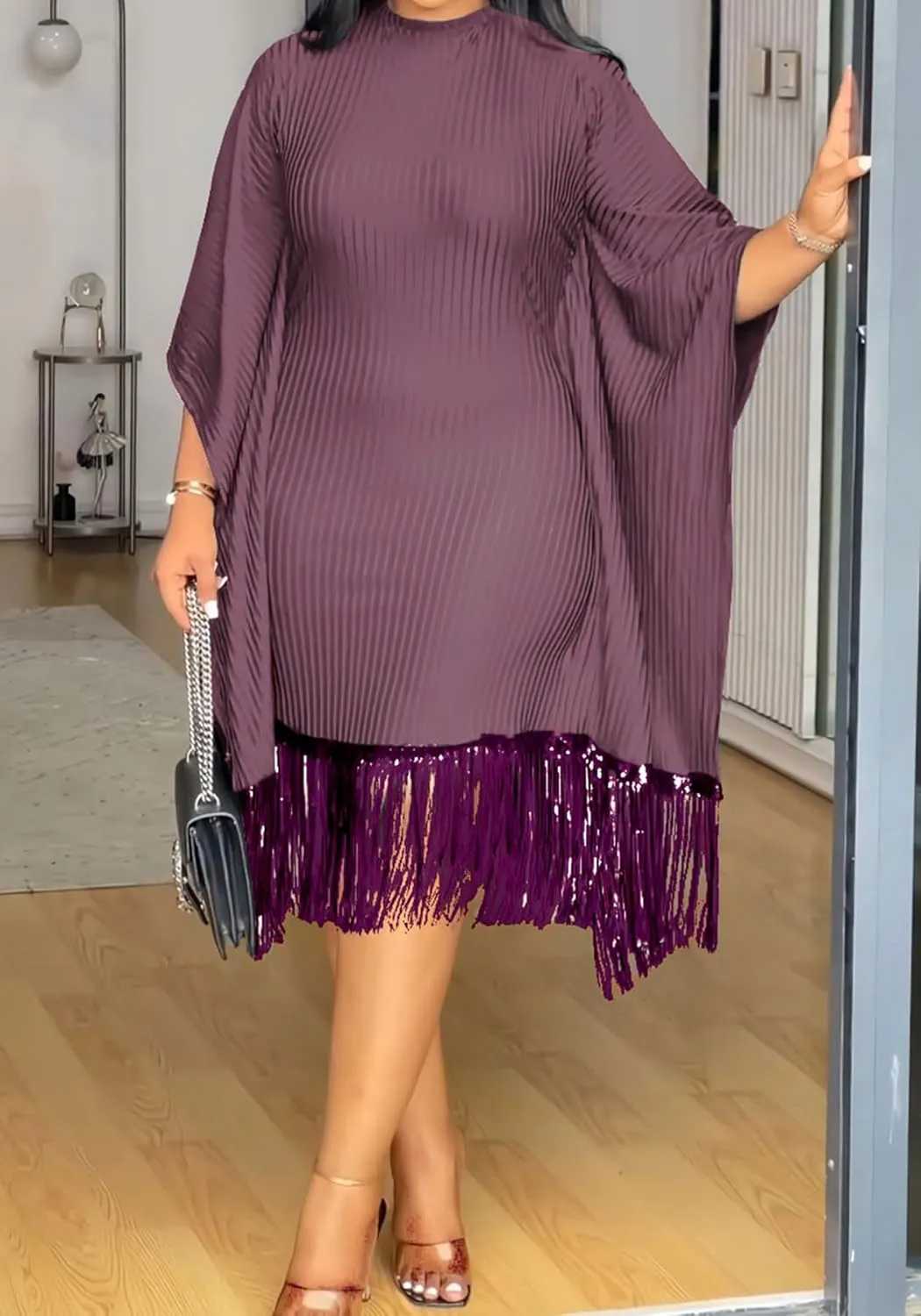 Midi Dresses for Women Sequin Fringe 3/4 Batwing Sleeve Wrap Plus Size Dress Cocktail Party Dress