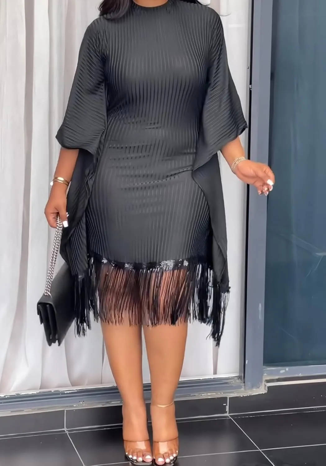 Midi Dresses for Women Sequin Fringe 3/4 Batwing Sleeve Wrap Plus Size Dress Cocktail Party Dress