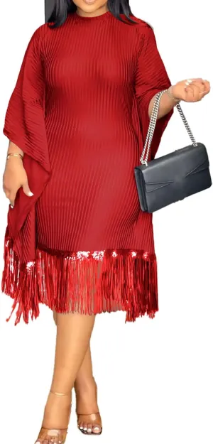Midi Dresses for Women Sequin Fringe 3/4 Batwing Sleeve Wrap Plus Size Dress Cocktail Party Dress