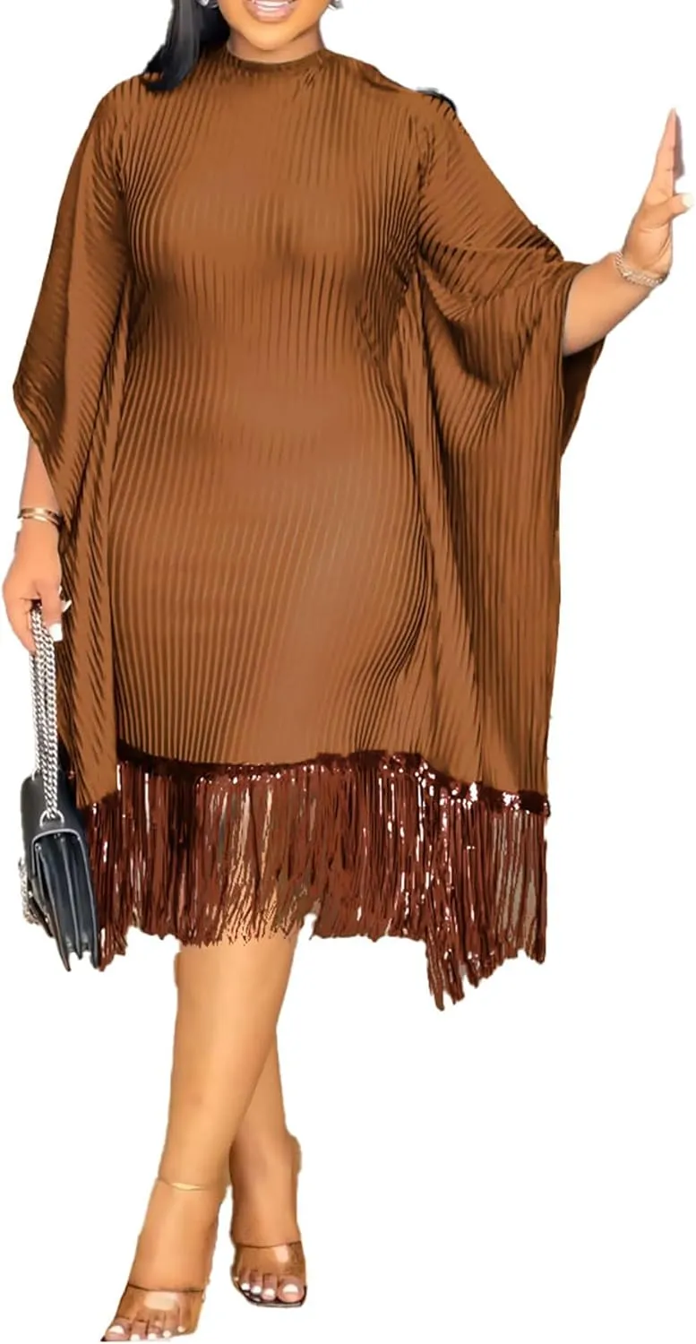 Midi Dresses for Women Sequin Fringe 3/4 Batwing Sleeve Wrap Plus Size Dress Cocktail Party Dress