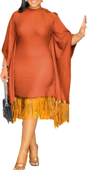 Midi Dresses for Women Sequin Fringe 3/4 Batwing Sleeve Wrap Plus Size Dress Cocktail Party Dress