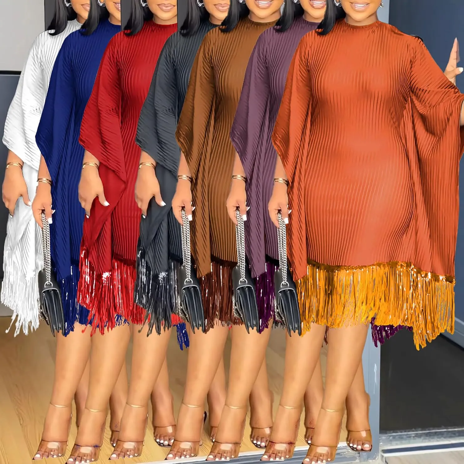 Midi Dresses for Women Sequin Fringe 3/4 Batwing Sleeve Wrap Plus Size Dress Cocktail Party Dress