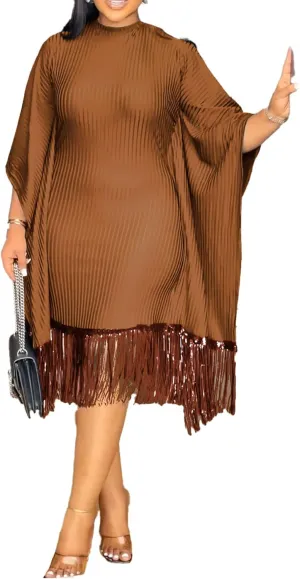 Midi Dresses for Women Sequin Fringe 3/4 Batwing Sleeve Wrap Plus Size Dress Cocktail Party Dress