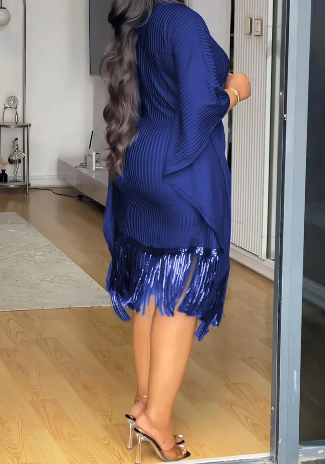 Midi Dresses for Women Sequin Fringe 3/4 Batwing Sleeve Wrap Plus Size Dress Cocktail Party Dress