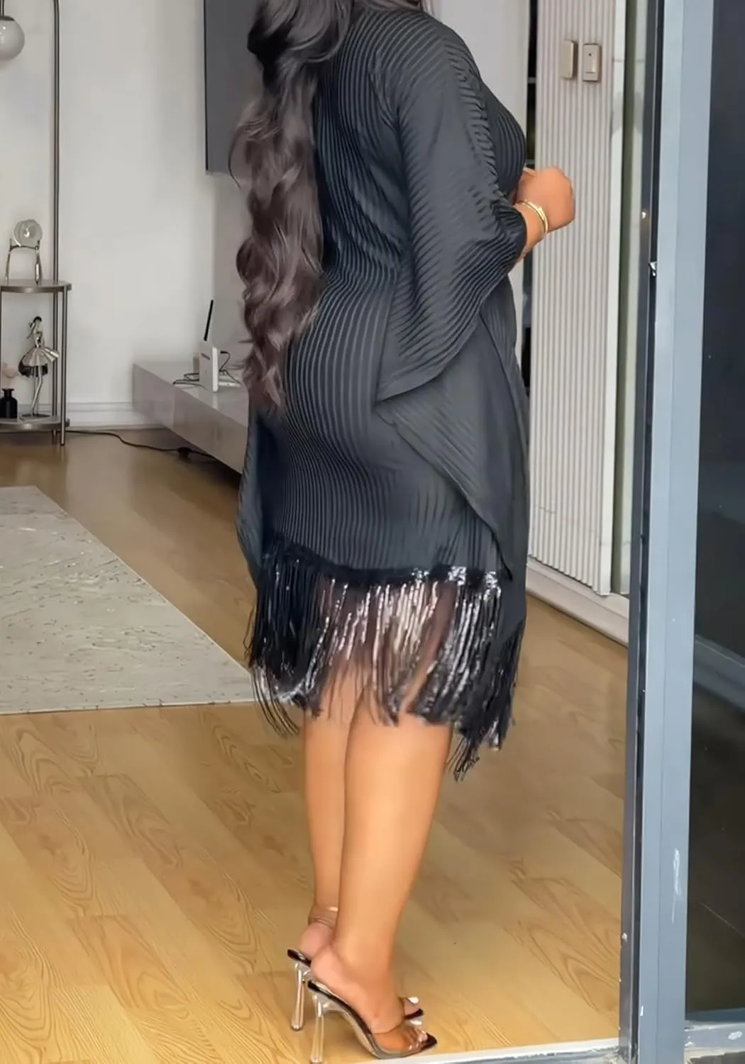 Midi Dresses for Women Sequin Fringe 3/4 Batwing Sleeve Wrap Plus Size Dress Cocktail Party Dress