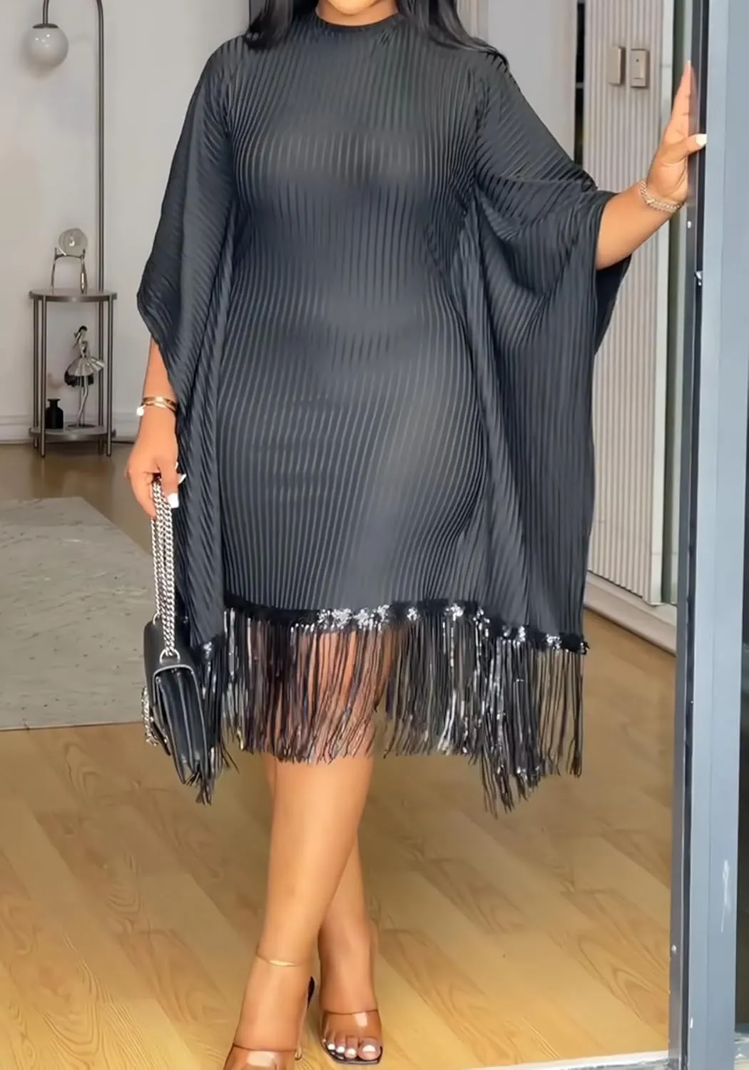 Midi Dresses for Women Sequin Fringe 3/4 Batwing Sleeve Wrap Plus Size Dress Cocktail Party Dress