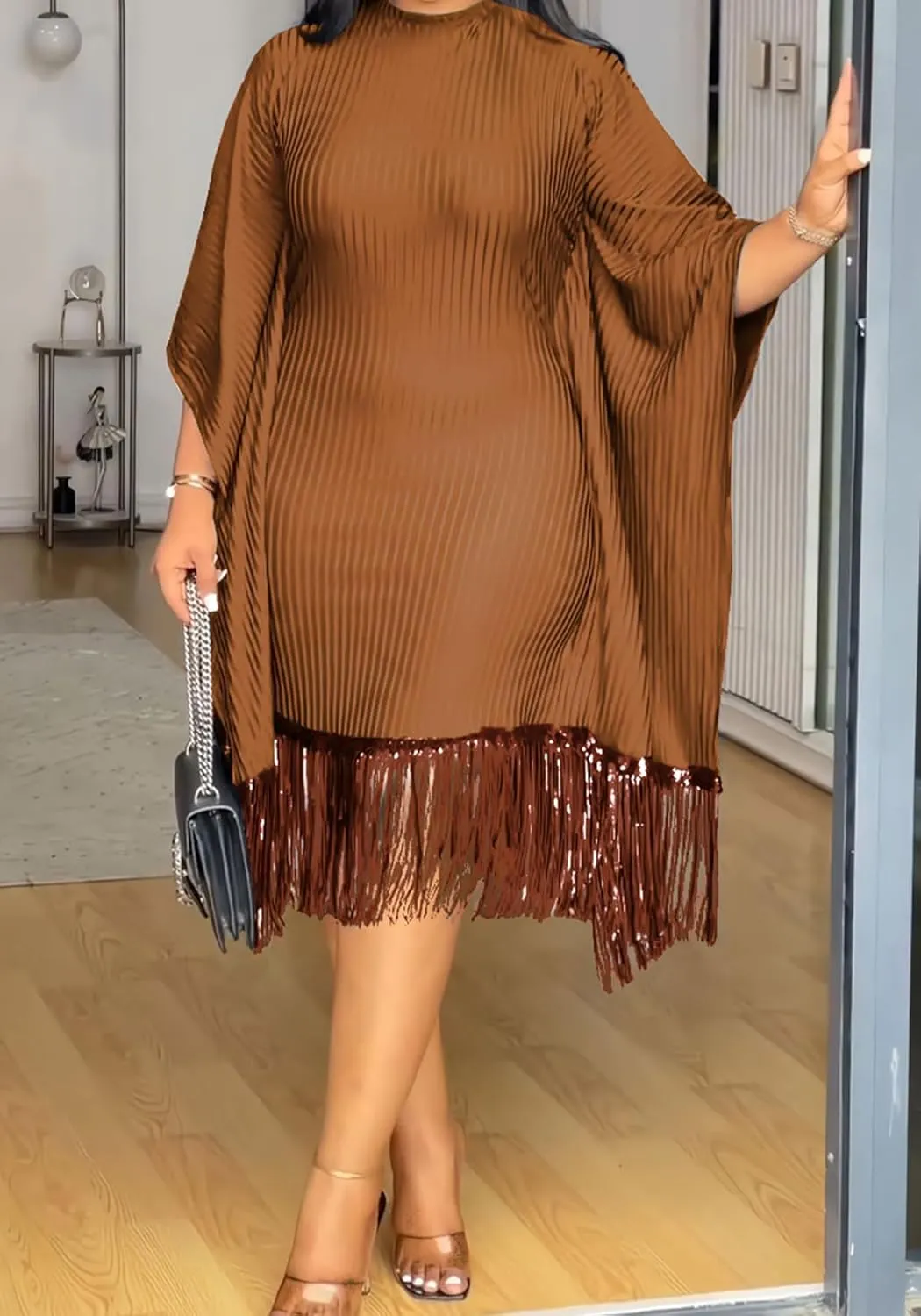 Midi Dresses for Women Sequin Fringe 3/4 Batwing Sleeve Wrap Plus Size Dress Cocktail Party Dress