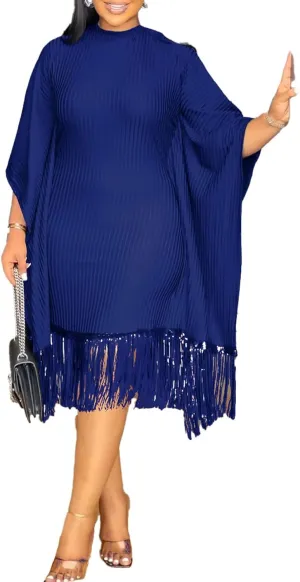 Midi Dresses for Women Sequin Fringe 3/4 Batwing Sleeve Wrap Plus Size Dress Cocktail Party Dress