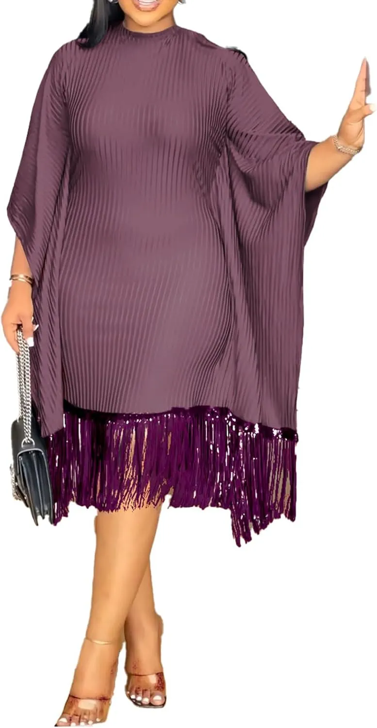Midi Dresses for Women Sequin Fringe 3/4 Batwing Sleeve Wrap Plus Size Dress Cocktail Party Dress
