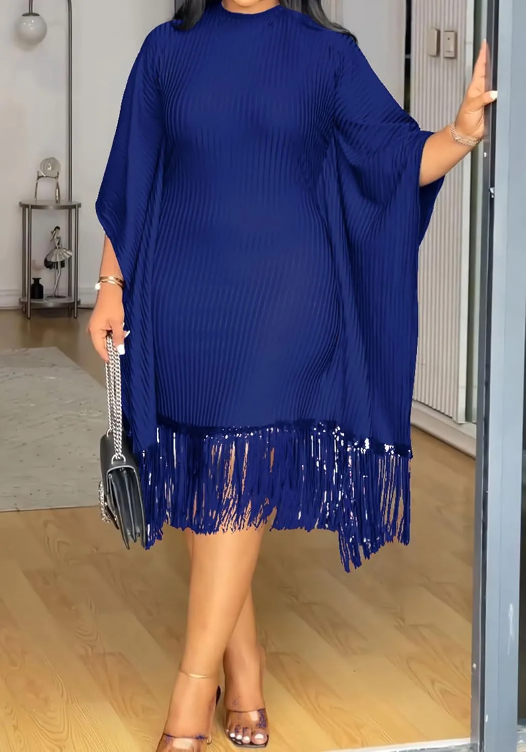 Midi Dresses for Women Sequin Fringe 3/4 Batwing Sleeve Wrap Plus Size Dress Cocktail Party Dress
