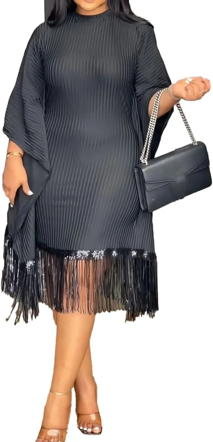 Midi Dresses for Women Sequin Fringe 3/4 Batwing Sleeve Wrap Plus Size Dress Cocktail Party Dress