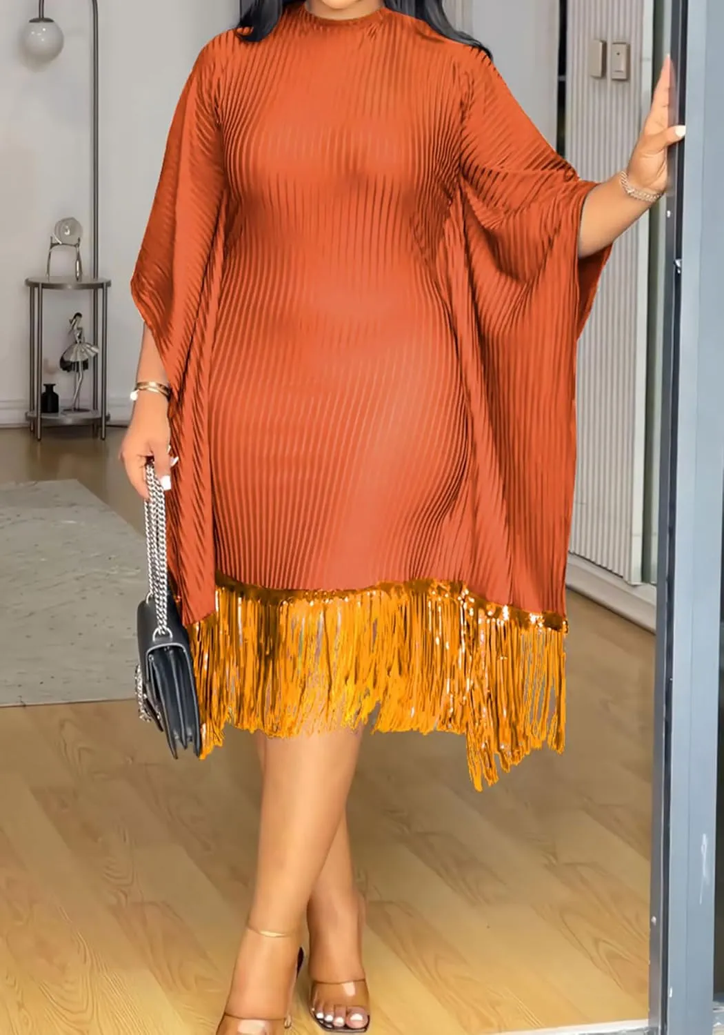 Midi Dresses for Women Sequin Fringe 3/4 Batwing Sleeve Wrap Plus Size Dress Cocktail Party Dress