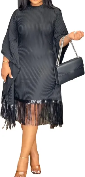 Midi Dresses for Women Sequin Fringe 3/4 Batwing Sleeve Wrap Plus Size Dress Cocktail Party Dress