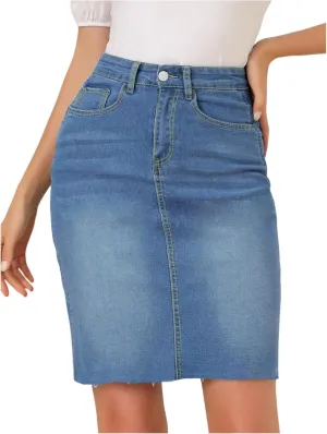 Midi Jean Skirt for Women Stretchy High Waist Frayed Denim Skirt Sexy Below Knee Bodycon Pencil Skirts with Pockets