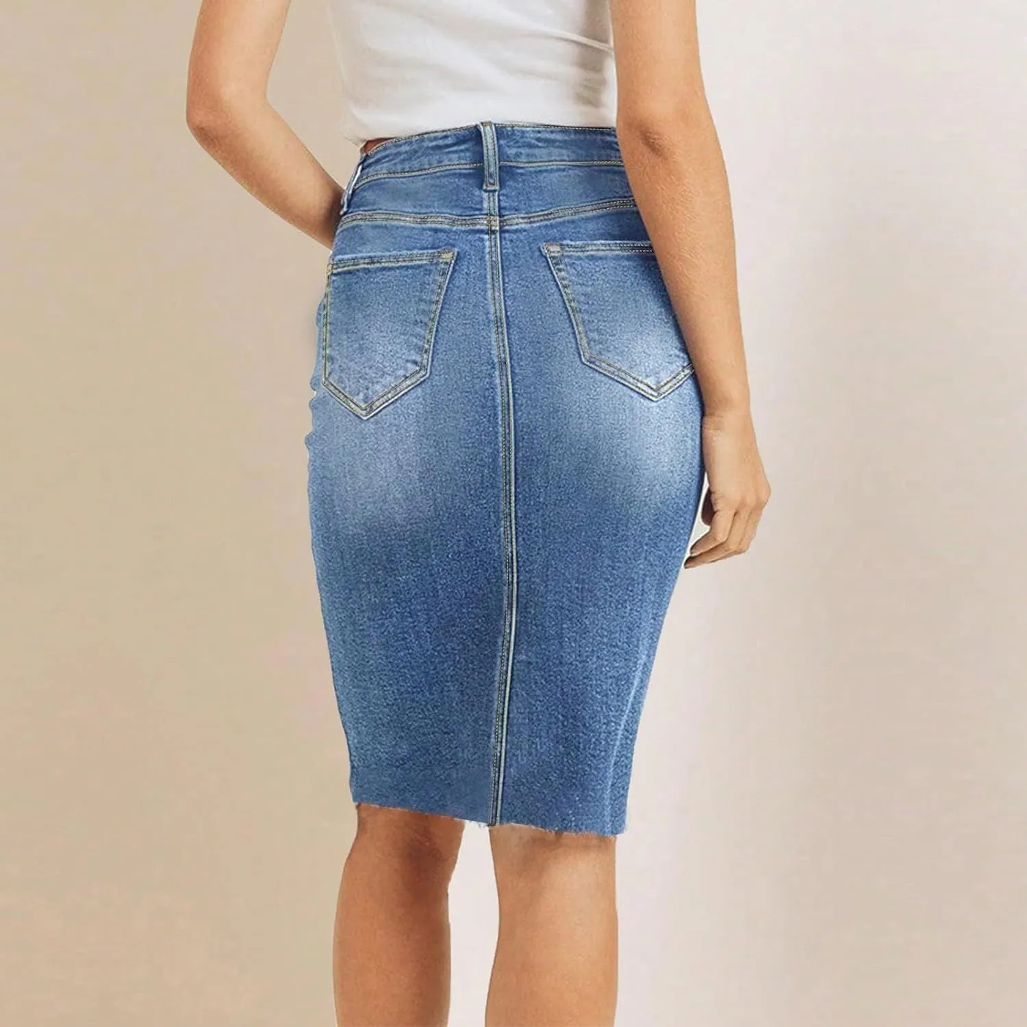 Midi Jean Skirt for Women Stretchy High Waist Frayed Denim Skirt Sexy Below Knee Bodycon Pencil Skirts with Pockets