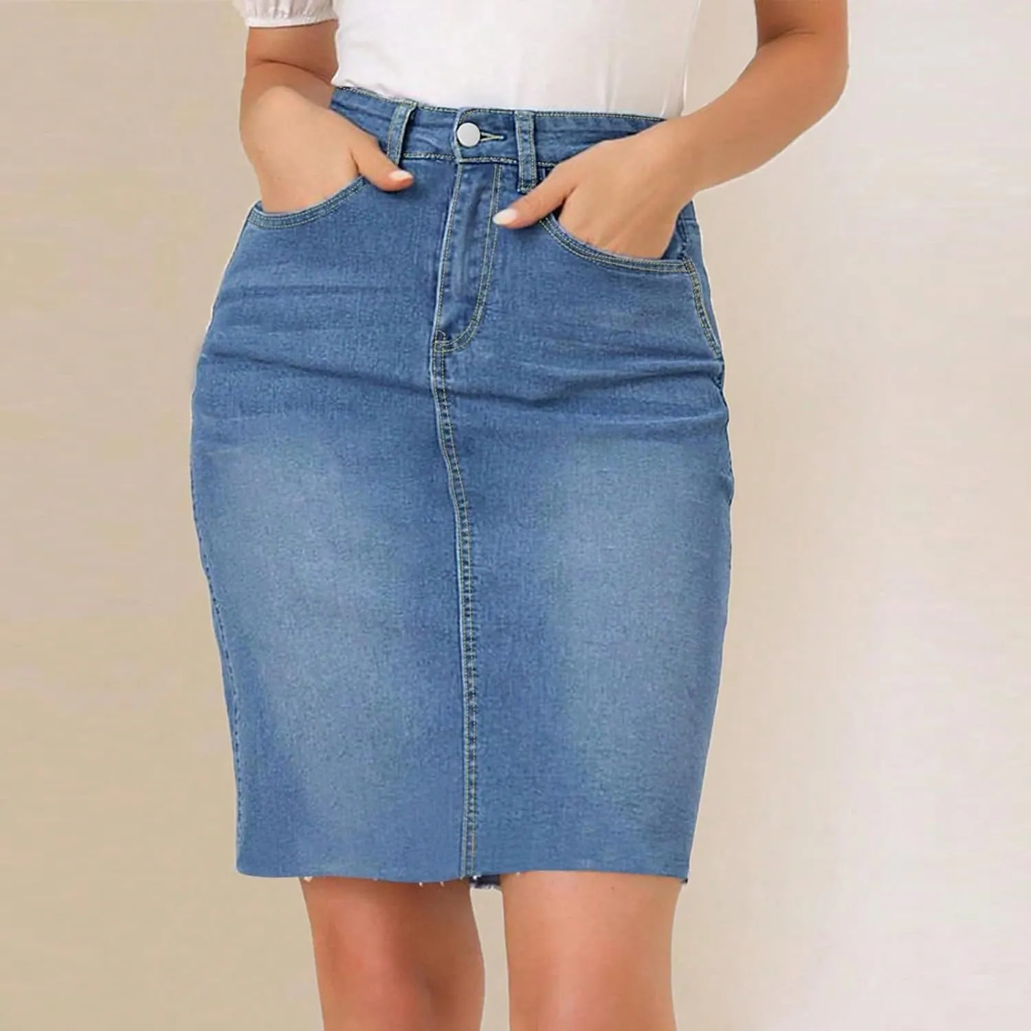 Midi Jean Skirt for Women Stretchy High Waist Frayed Denim Skirt Sexy Below Knee Bodycon Pencil Skirts with Pockets