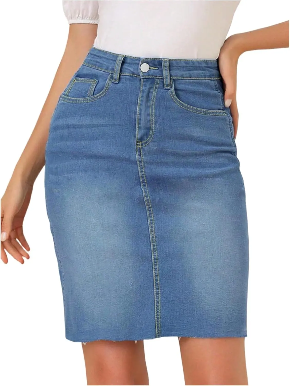 Midi Jean Skirt for Women Stretchy High Waist Frayed Denim Skirt Sexy Below Knee Bodycon Pencil Skirts with Pockets