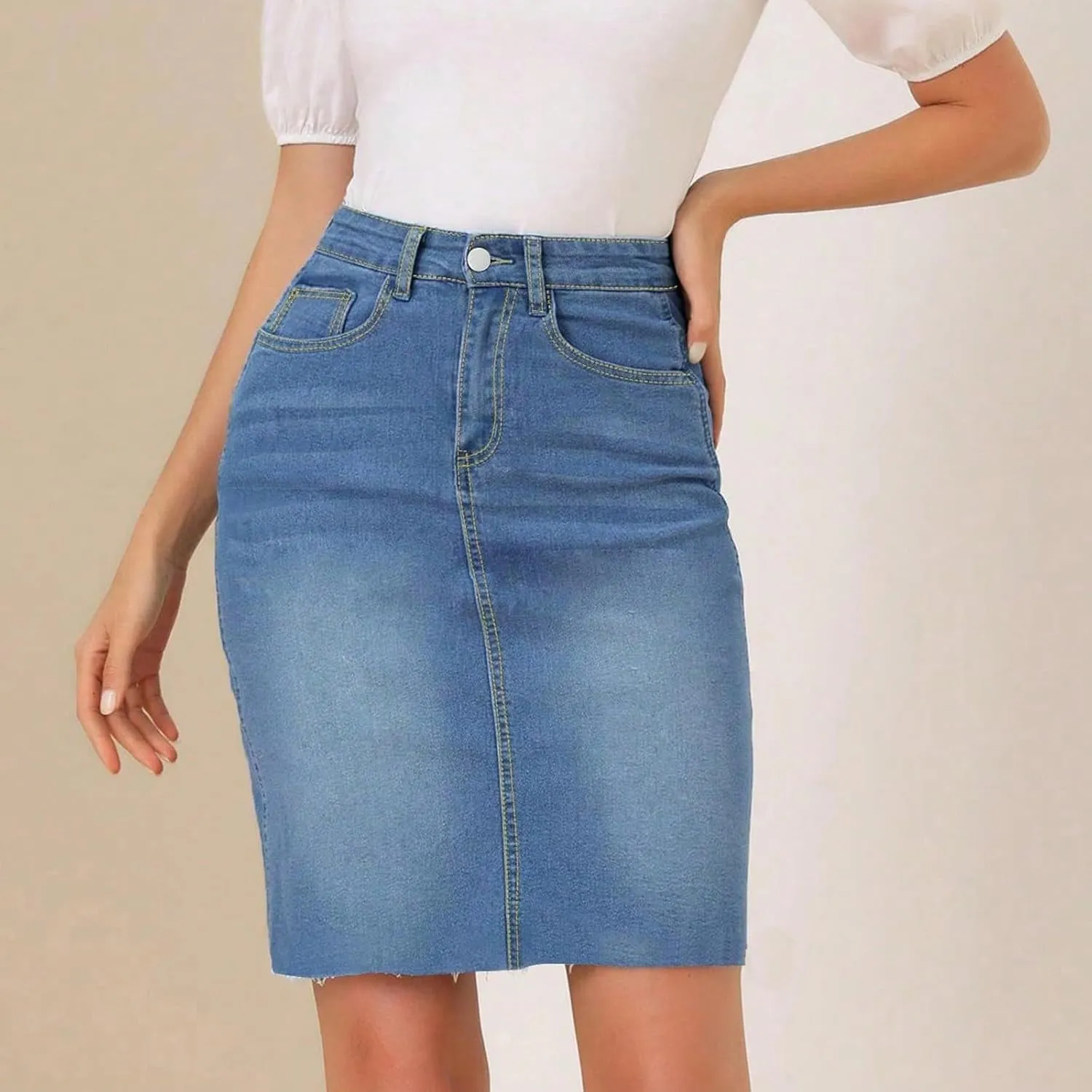 Midi Jean Skirt for Women Stretchy High Waist Frayed Denim Skirt Sexy Below Knee Bodycon Pencil Skirts with Pockets