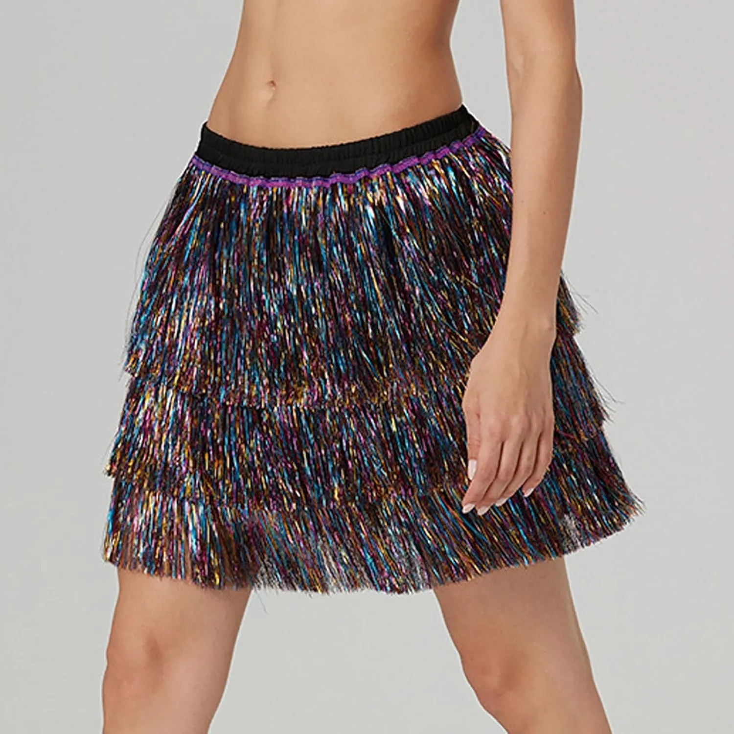 Midi Skirt Women Sequin Tassel Skirt Three Layered Dance Skirt for Dancing Party Nightclub