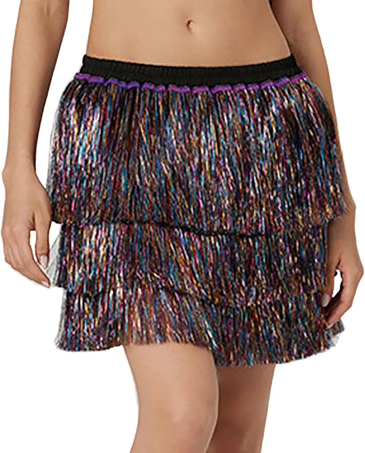 Midi Skirt Women Sequin Tassel Skirt Three Layered Dance Skirt for Dancing Party Nightclub
