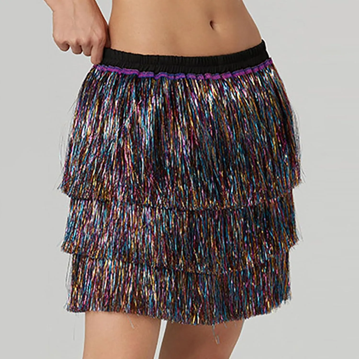 Midi Skirt Women Sequin Tassel Skirt Three Layered Dance Skirt for Dancing Party Nightclub