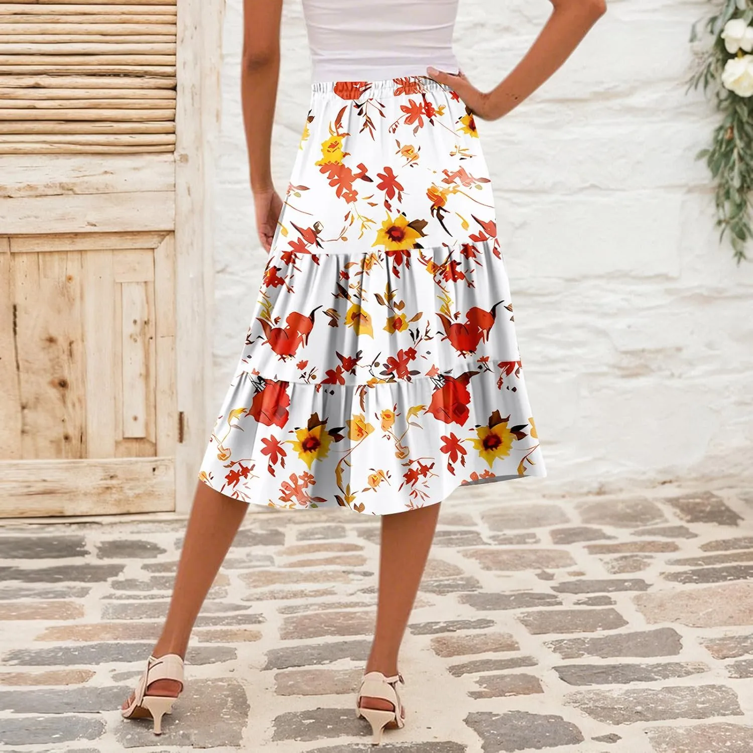 midi Tiered Skirts for Women Summer Boho Floral high Elastic Waist a line Skirts Long Ruffle Flowy Vacation Skort