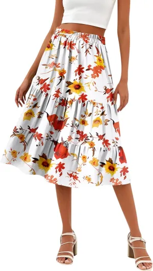 midi Tiered Skirts for Women Summer Boho Floral high Elastic Waist a line Skirts Long Ruffle Flowy Vacation Skort