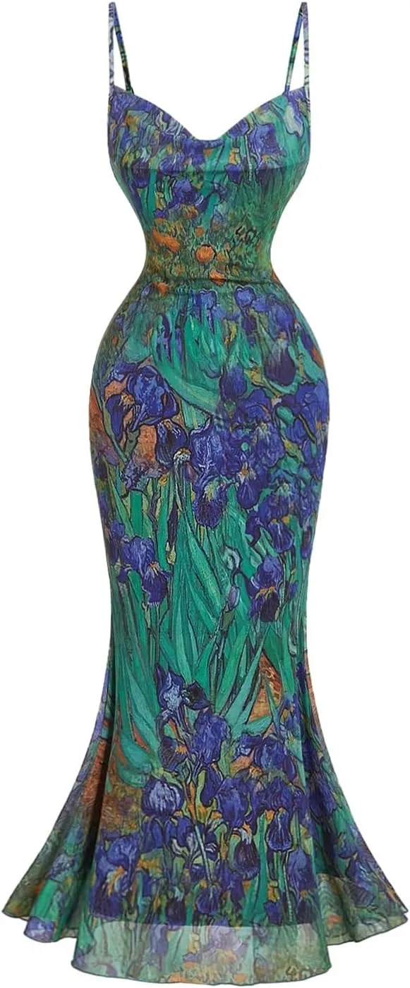 Milumia Women's Floral Mesh Spaghetti Strap Dress Boho Draped Fishtail Maxi Cami Dresses
