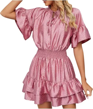 Mini Dresses for Women 2024, Satin Jacquard Ruffle Hem Elastic Waist Solid Dress, V-Neck Flowy Comfy Outdoor Dresses