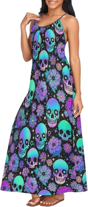 MNSRUU Women Dresses Funny Skulls Sexy Dresses Summer Beach Slip Dresses