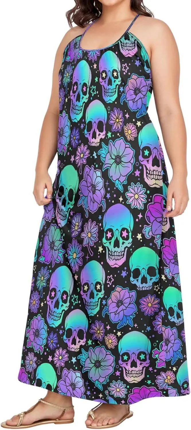 MNSRUU Women Dresses Funny Skulls Sexy Dresses Summer Beach Slip Dresses