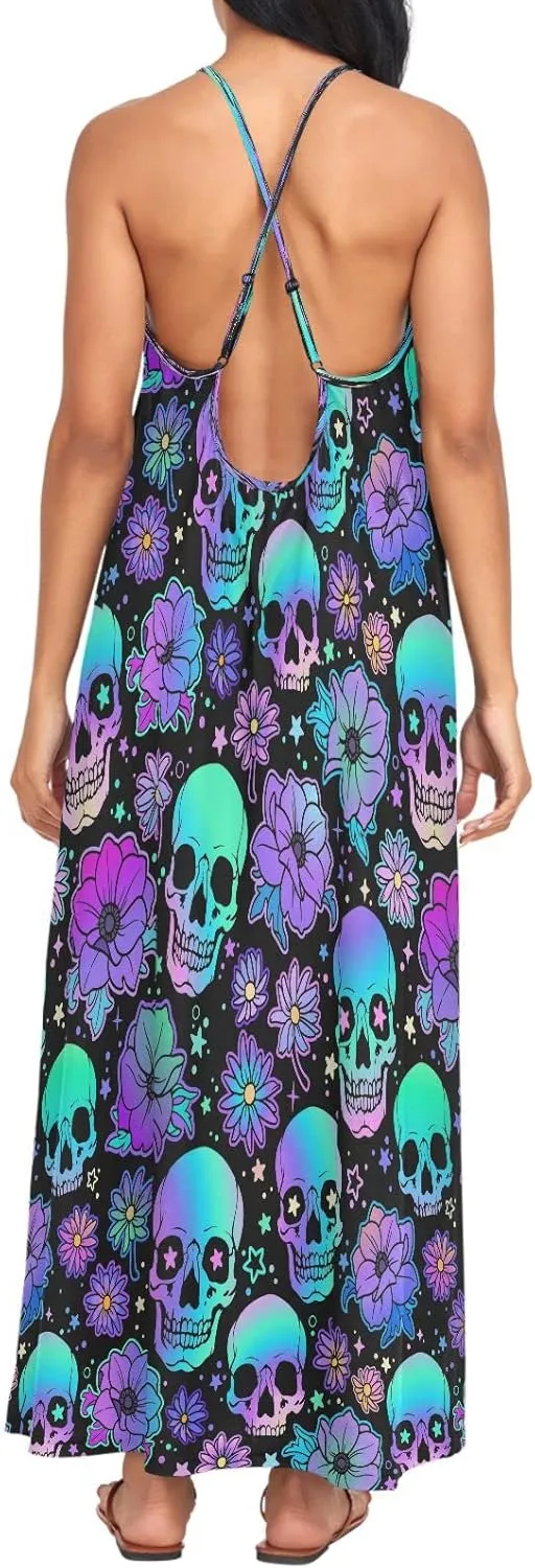 MNSRUU Women Dresses Funny Skulls Sexy Dresses Summer Beach Slip Dresses