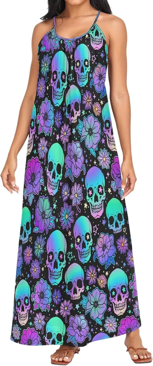 MNSRUU Women Dresses Funny Skulls Sexy Dresses Summer Beach Slip Dresses