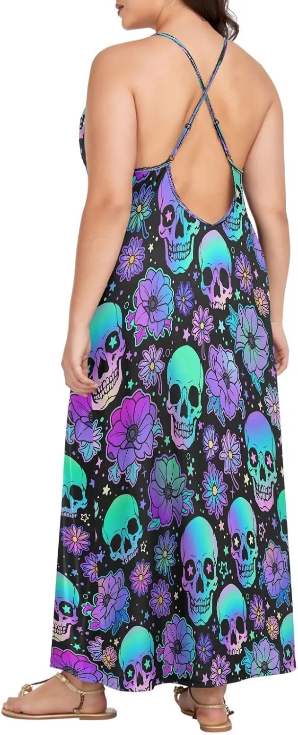 MNSRUU Women Dresses Funny Skulls Sexy Dresses Summer Beach Slip Dresses