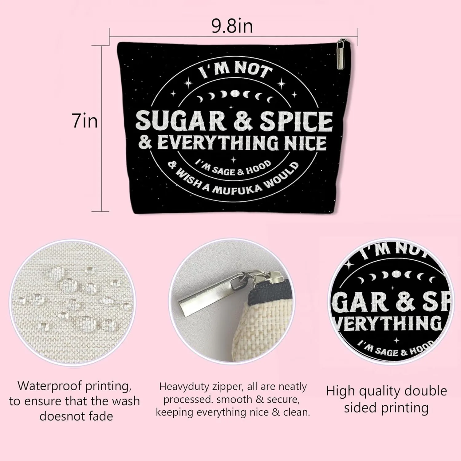 Moon Phase Cosmetic Bag for Women Mystical Themed Travel Toiletry Organizer Large Capacity Zippered Makeup Bag Birthday Gifts for Friends Spiritual Meditation Essentials Gothic I'm Not Sugar Spice