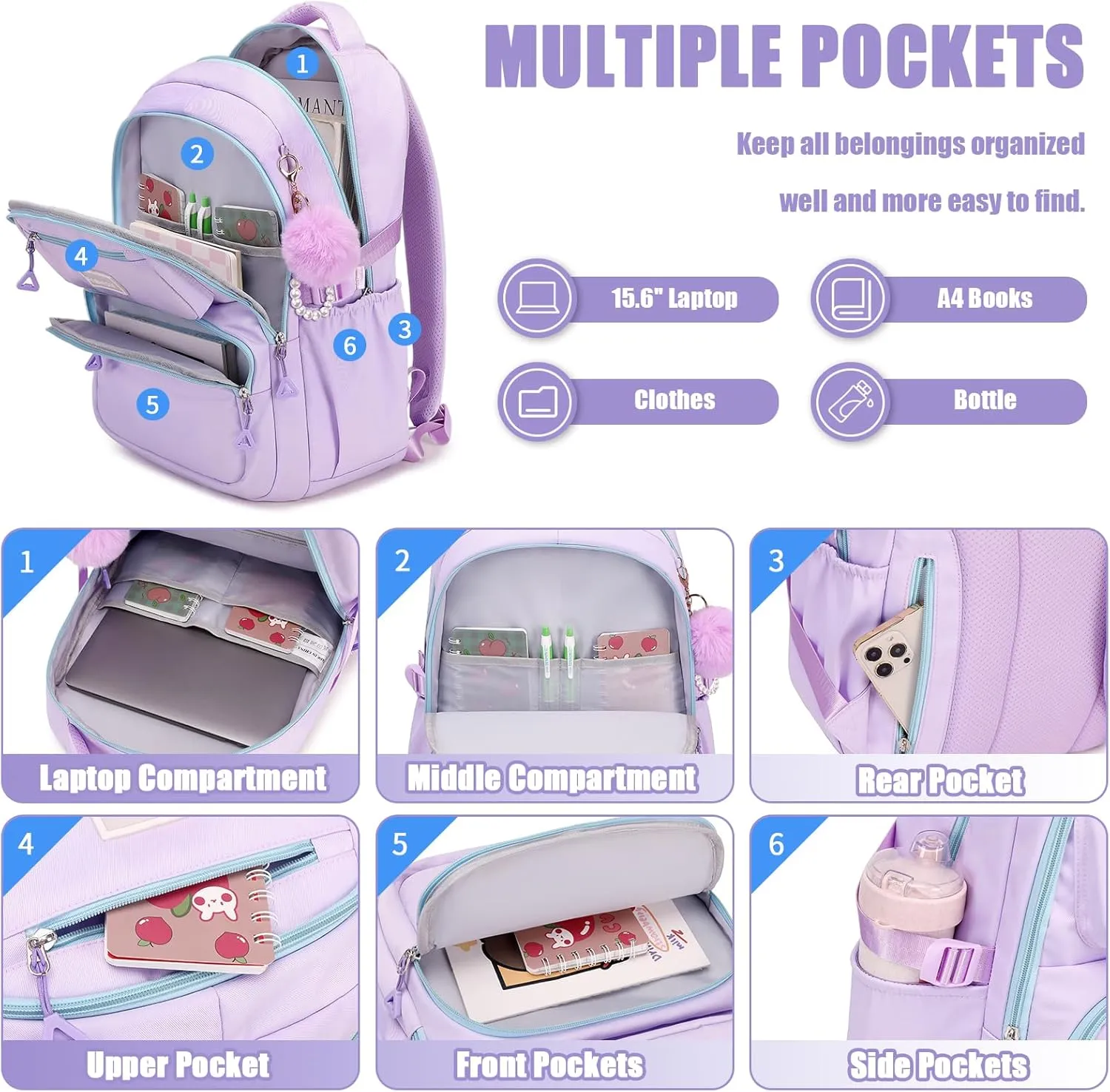 MOONBABY Girls Backpacks Ages 8-10, 10-12, 12-14, Lightweight Kids Teens Bookbag Large Capacity Aesthetics Bags for Elementary Primary High School
