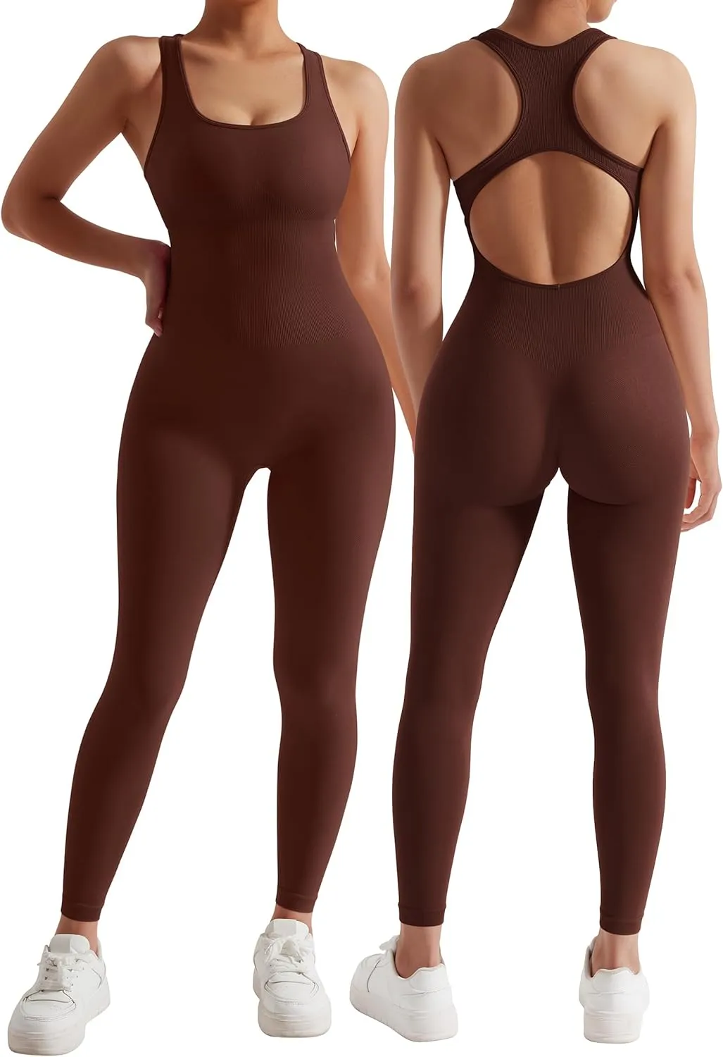 MOSHENGQI Women Racerback One Piece Jumpsuits Sleeveless Backless Bodycon Tummy Control Workout Romper