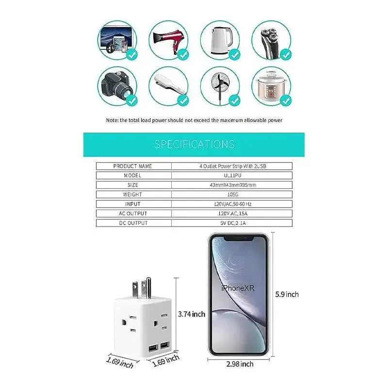 Multi Plug Extension | 2 USB | 4 AC Plugs | Cruise Ship Approved - Cruise Essentials - CruisePaks