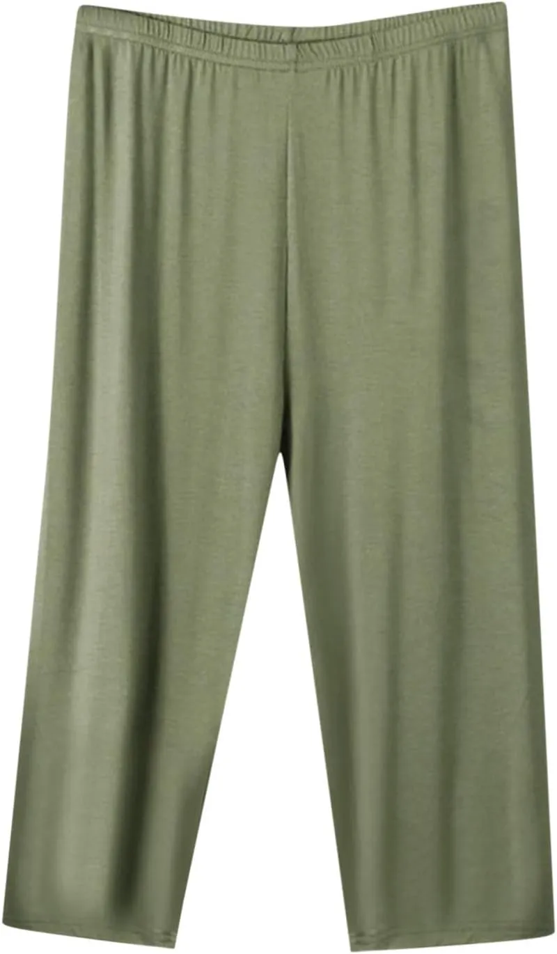 Mzkdieey Womens Capri Pants Loose Yoga Pants Wide Leg Elastic Waist Comfy Lounge Pajama Capris 3/4 Length Pants with Pockets