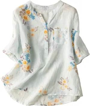 Mzkdieey Women's Cotton Linen Short Sleeve T-Shirt Summer Boho Floral Print Tops Casual V Neck Button Down Blouse with Pocket