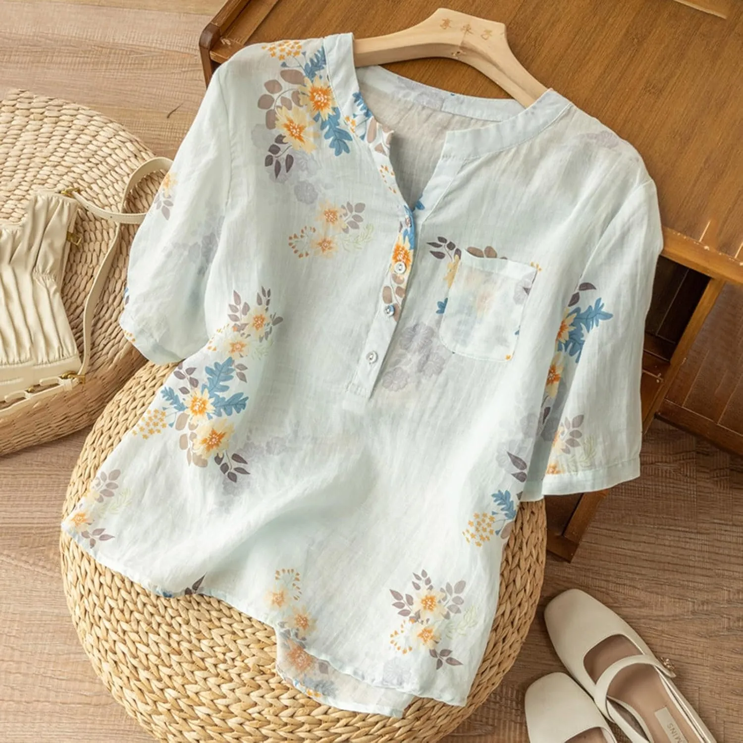 Mzkdieey Women's Cotton Linen Short Sleeve T-Shirt Summer Boho Floral Print Tops Casual V Neck Button Down Blouse with Pocket