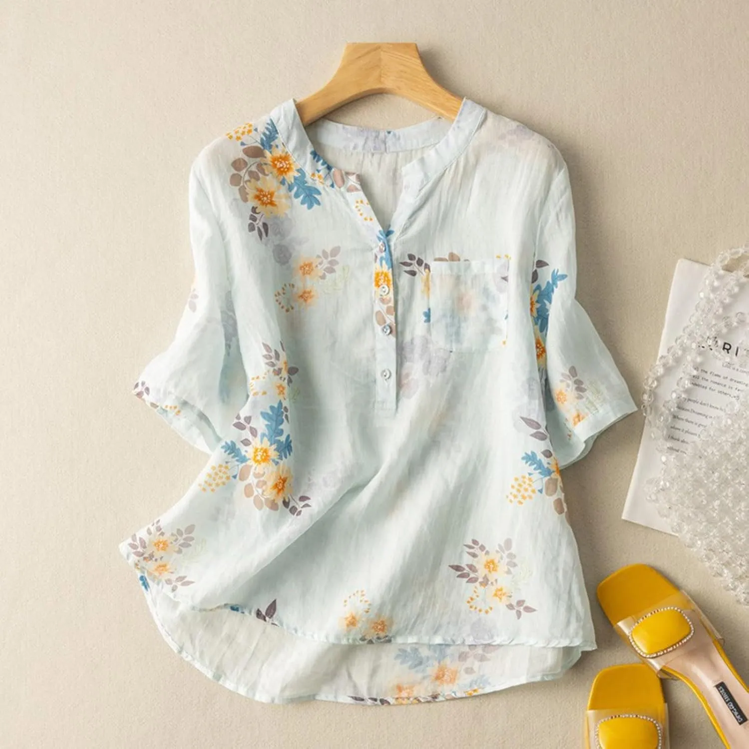 Mzkdieey Women's Cotton Linen Short Sleeve T-Shirt Summer Boho Floral Print Tops Casual V Neck Button Down Blouse with Pocket