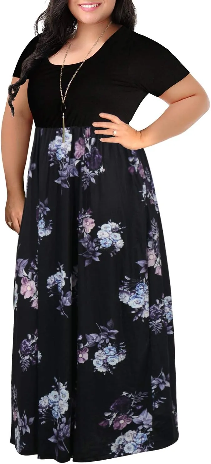 Nemidor Plus Size Maxi Dresses for Curvy Women Casual Summer Short Sleeve Chevron Print Long Dress with Pocket 14-26