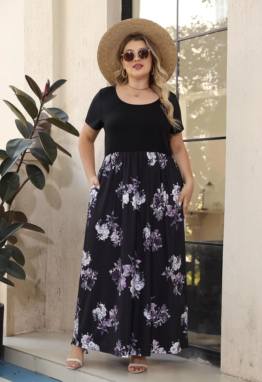 Nemidor Plus Size Maxi Dresses for Curvy Women Casual Summer Short Sleeve Chevron Print Long Dress with Pocket 14-26