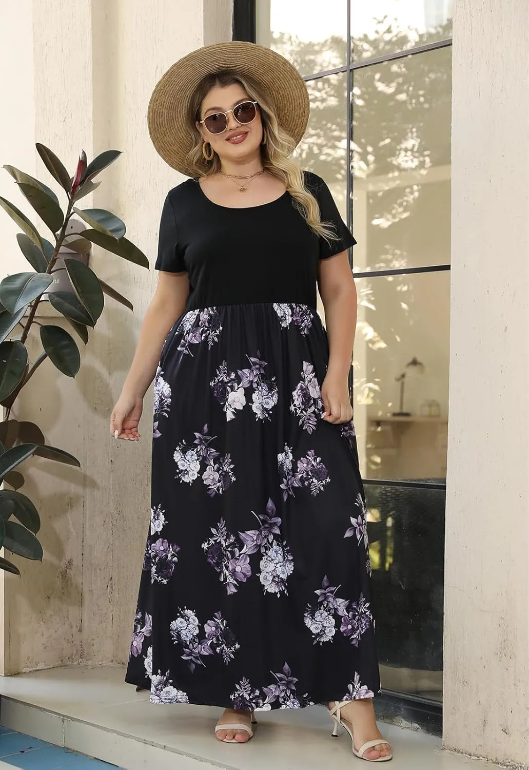 Nemidor Plus Size Maxi Dresses for Curvy Women Casual Summer Short Sleeve Chevron Print Long Dress with Pocket 14-26