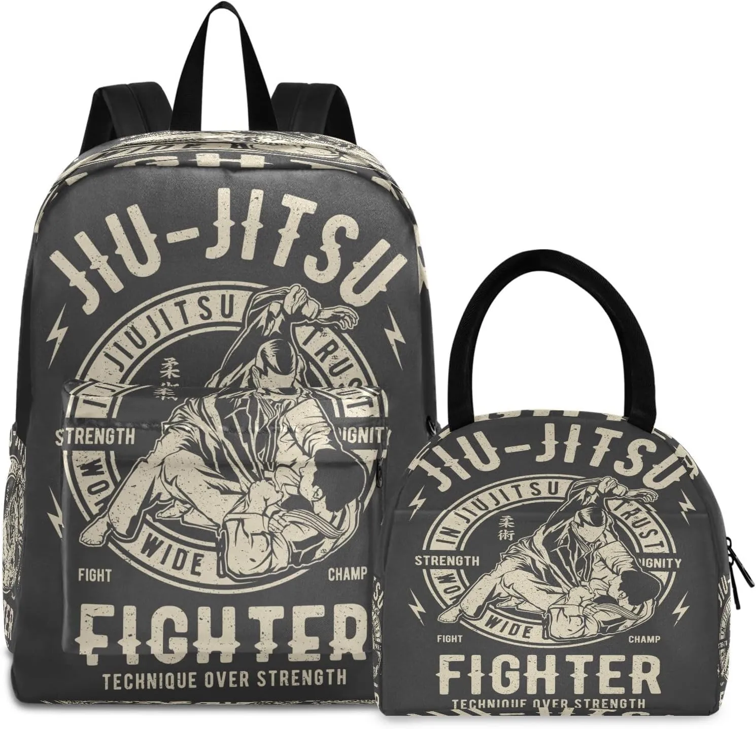Nisza Kids School Backpack Set, Jiu-jitsu Pattern Bookbag for Girls Boys Elementary School Bags with Lunch Bag