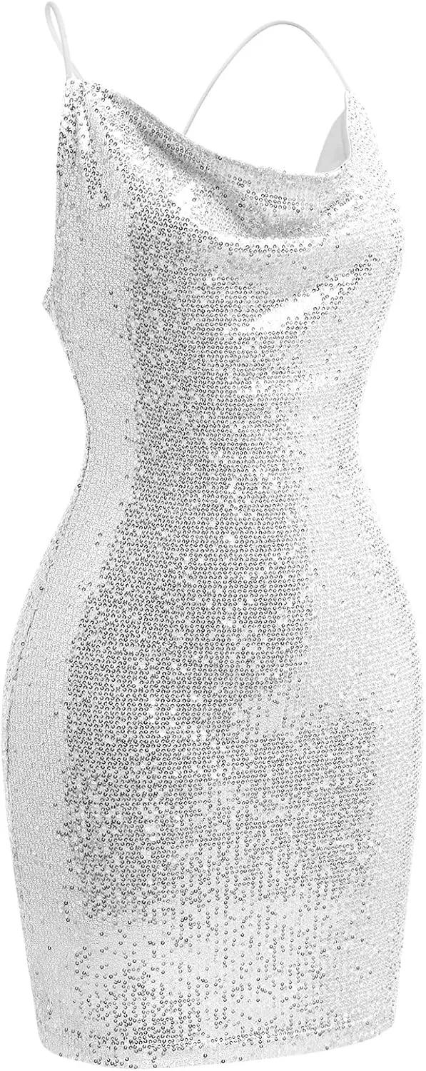 ODIZLI Women's Spaghetti Straps Cowl Neck Sequins Glitters Bodycon Mini Dress Party Nightclub Dress