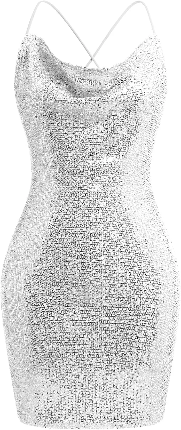 ODIZLI Women's Spaghetti Straps Cowl Neck Sequins Glitters Bodycon Mini Dress Party Nightclub Dress