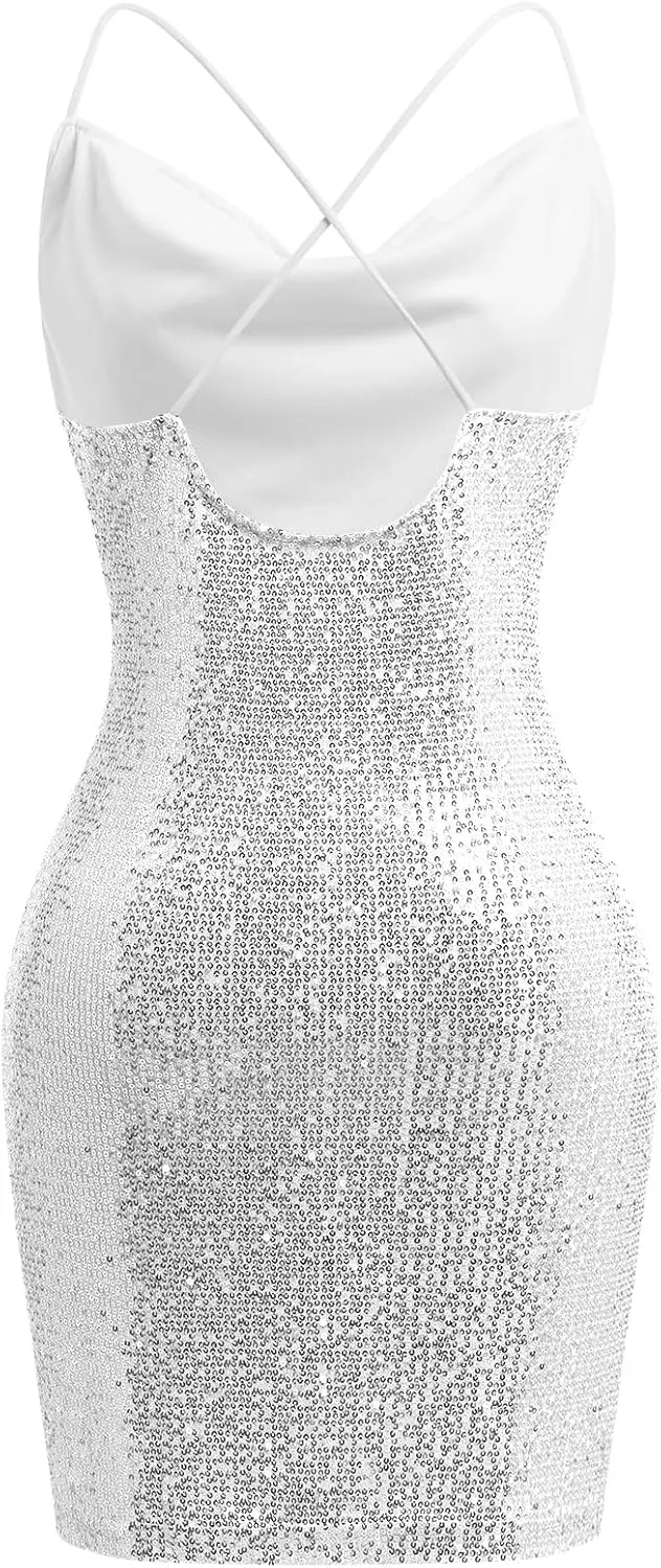 ODIZLI Women's Spaghetti Straps Cowl Neck Sequins Glitters Bodycon Mini Dress Party Nightclub Dress